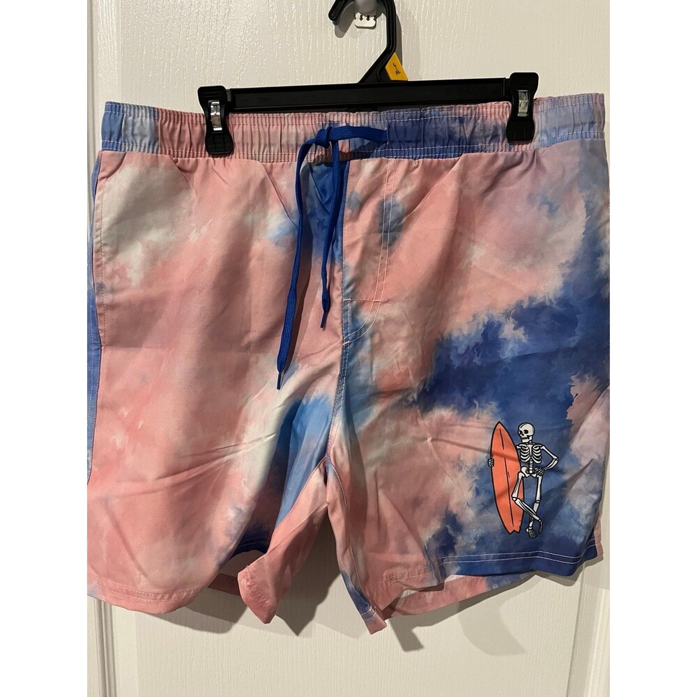 Chemistry Swim Trunks XL Pink Blue Tie Dye Skeleton Surfboard UPF 50 NWT